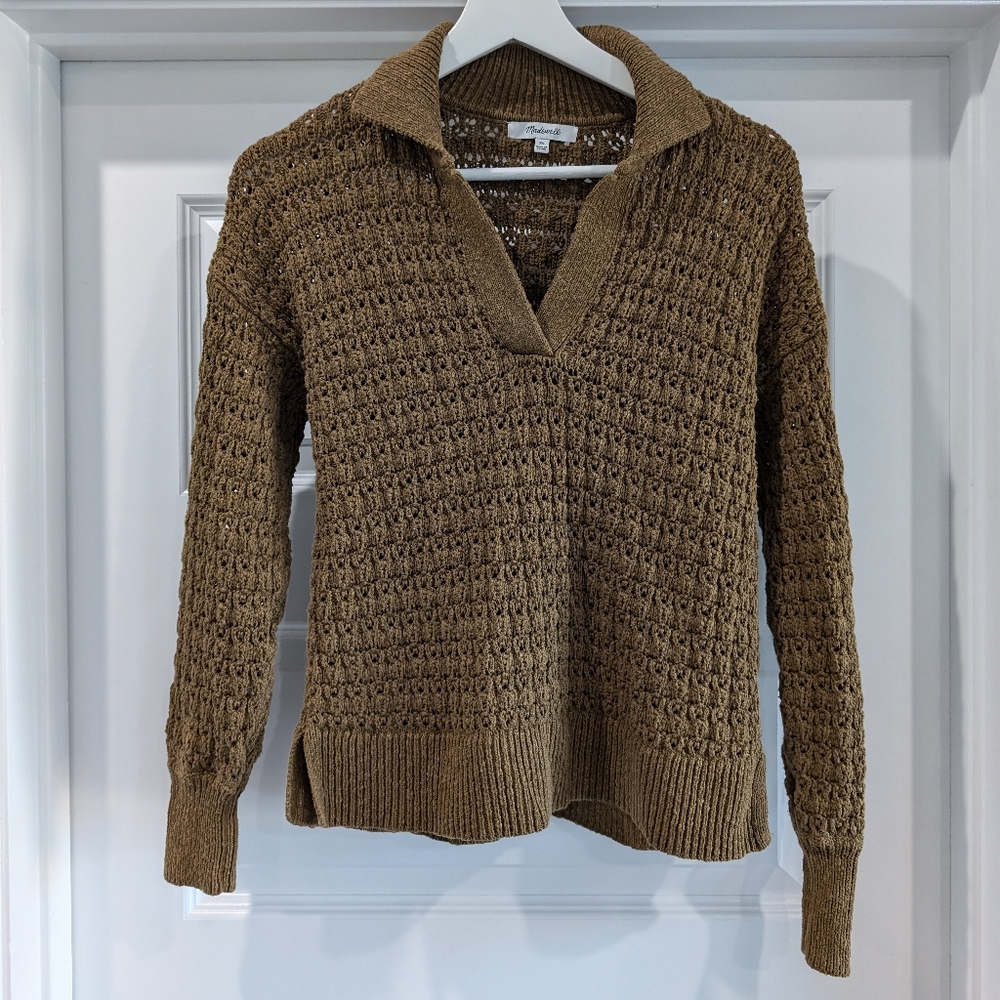 Madewell Sunbury Open-Stitch Polo Sweater Golden Spinach Textured Knit XS - Picture 5 of 12